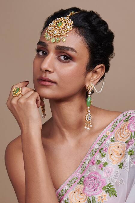 Aulerth X Suneet Varma_Green Crystals, Stones Shae Embellished Long Dangler Earrings _Online_at_Aza_Fashions