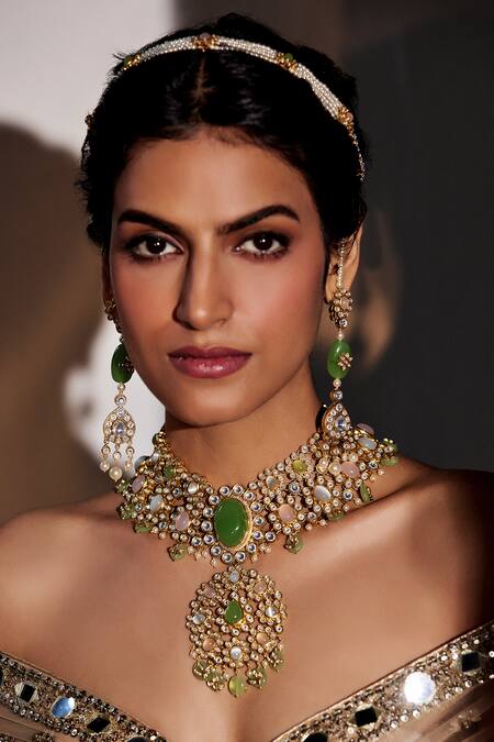 Buy_Aulerth X Suneet Varma_Green Crystals, Stones Shae Embellished Long Dangler Earrings _Online_at_Aza_Fashions