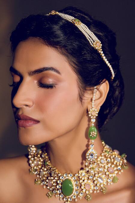 Shop_Aulerth X Suneet Varma_Green Crystals, Stones Shae Embellished Long Dangler Earrings _Online_at_Aza_Fashions