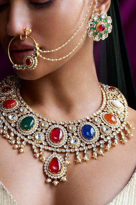 Aulerth X Suneet Varma_Green Crystals, Stones Roya Embellished Stud Earrings _Online_at_Aza_Fashions