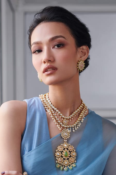 Aulerth X Suneet Varma_Pink Crystals, Stones Lilly Embellished Stud Earrings _Online_at_Aza_Fashions