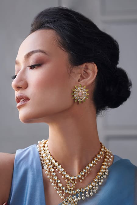 Buy_Aulerth X Suneet Varma_Pink Crystals, Stones Lilly Embellished Stud Earrings _Online_at_Aza_Fashions