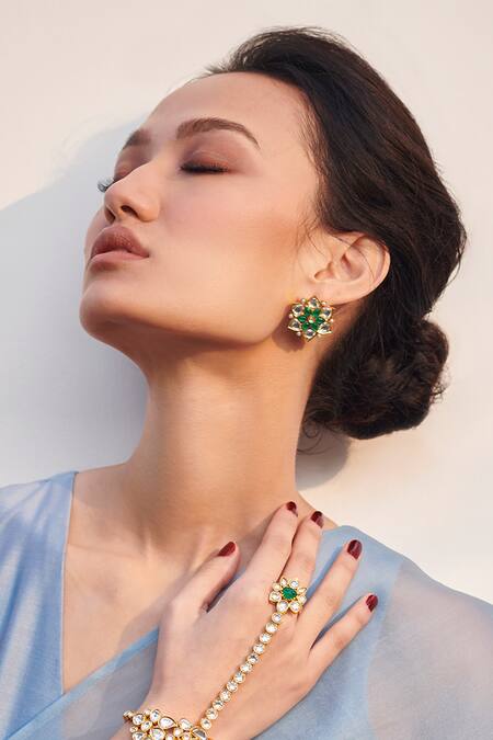 Aulerth X Suneet Varma_Green Beads, Stones Olea Embellished Stud Earrings _Online_at_Aza_Fashions