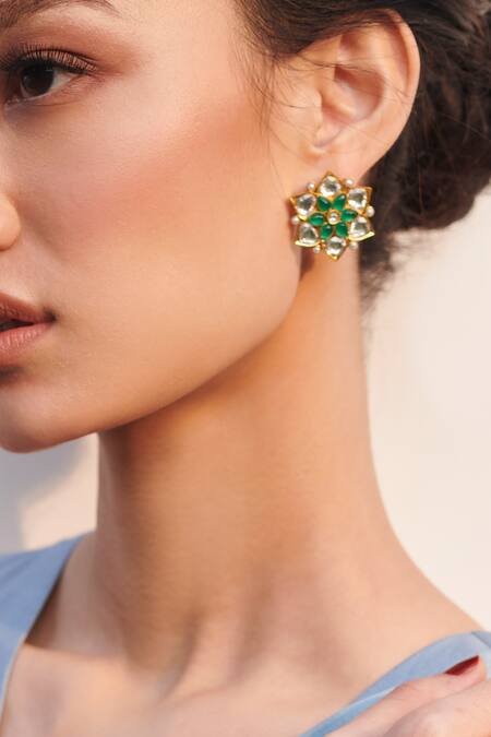 Buy_Aulerth X Suneet Varma_Green Beads, Stones Olea Embellished Stud Earrings _Online_at_Aza_Fashions