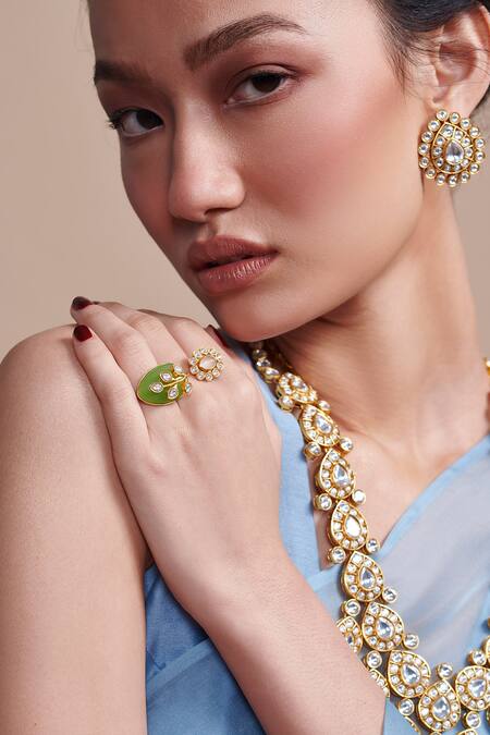 Aulerth X Suneet Varma_Green Imitation Diamonds Sasha Stone Embellished Ring _Online_at_Aza_Fashions