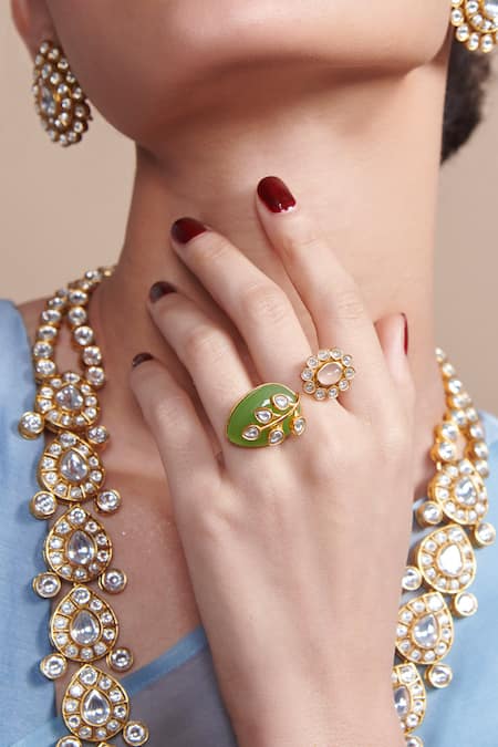 Shop_Aulerth X Suneet Varma_Green Imitation Diamonds Sasha Stone Embellished Ring _Online_at_Aza_Fashions