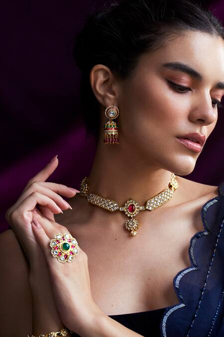 Aulerth X Suneet Varma_Red Crystals, Diamonds Caspara Stone Embellished Ring _Online_at_Aza_Fashions