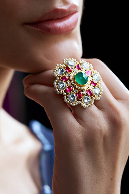Buy_Aulerth X Suneet Varma_Red Crystals, Diamonds Caspara Stone Embellished Ring _Online_at_Aza_Fashions