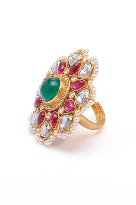 Shop_Aulerth X Suneet Varma_Red Crystals, Diamonds Caspara Stone Embellished Ring _Online_at_Aza_Fashions