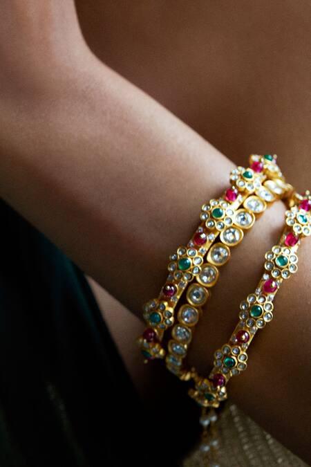 Aulerth X Suneet Varma_Red Crystals, Stones Firoja Embellished Bangle - Single Pc _Online_at_Aza_Fashions