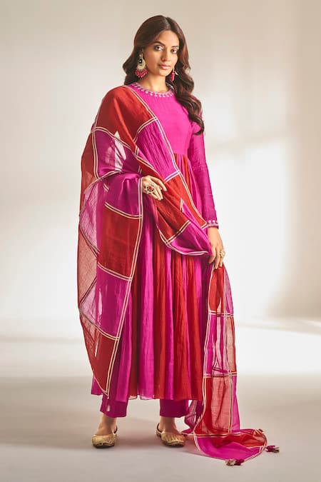 Almaari by Pooja Patel Pink Gota Embroidered Anarkali Pant Set 