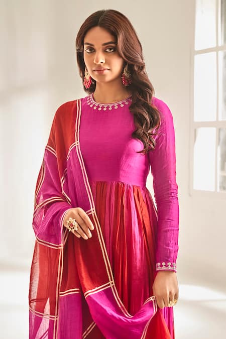 Almaari By Pooja Patel Pink , Cotton Gota Patti, Sequins Embroidered Anarkali Pant Set Online at Aza Fashions Almaari By Pooja Patel_Pink , Cotton Gota Patti, Sequins Embroidered Anarkali Pant Set _Online_at_Aza_Fashions