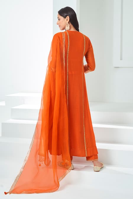 Shop Almaari By Pooja Patel Orange Chanderi Sequins Round Neck Placement Aari Embroidered Anarkali Pant Set at Aza Fashions Shop_Almaari By Pooja Patel_Orange Chanderi Sequins Round Neck Placement Aari Embroidered Anarkali Pant Set _at_Aza_Fashions