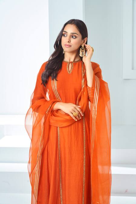 Almaari By Pooja Patel Orange Chanderi Sequins Round Neck Placement Aari Embroidered Anarkali Pant Set Online at Aza Fashions Almaari By Pooja Patel_Orange Chanderi Sequins Round Neck Placement Aari Embroidered Anarkali Pant Set _Online_at_Aza_Fashions