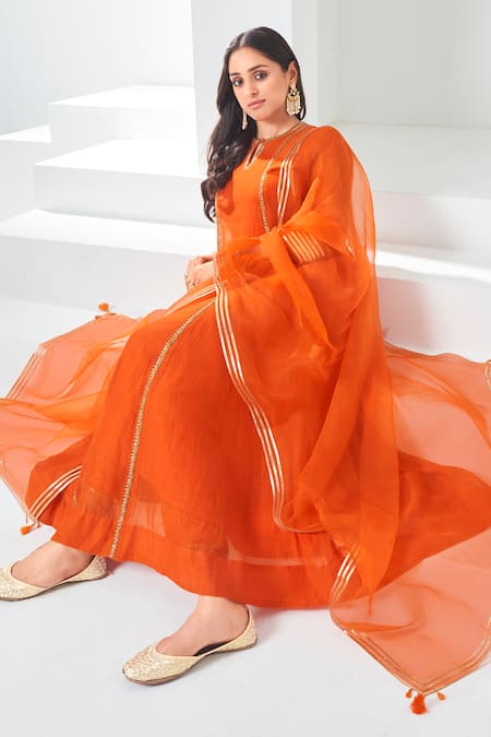 Buy Almaari By Pooja Patel Orange Chanderi Sequins Round Neck Placement Aari Embroidered Anarkali Pant Set Online at Aza Fashions Buy_Almaari By Pooja Patel_Orange Chanderi Sequins Round Neck Placement Aari Embroidered Anarkali Pant Set _Online_at_Aza_Fashions