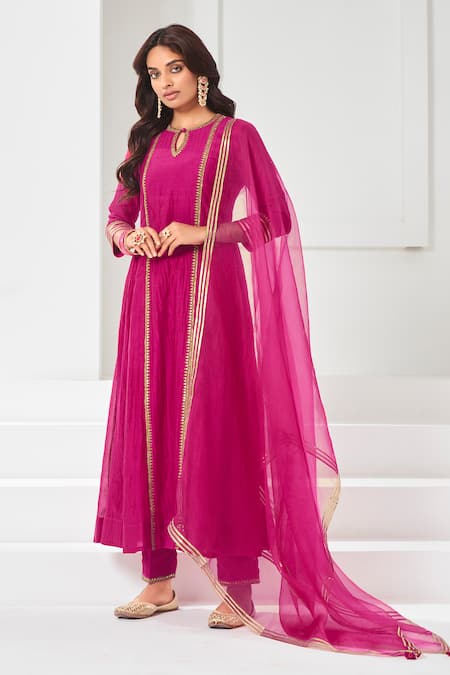 Almaari By Pooja Patel Pink Chanderi Sequins, Applique Placement Aari Embroidered Anarkali Pant Set 