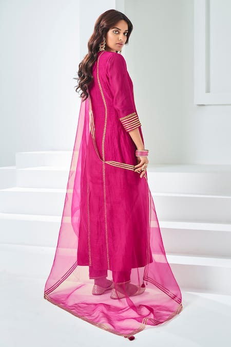 Shop Almaari By Pooja Patel Pink Chanderi Sequins, Applique Placement Aari Embroidered Anarkali Pant Set at Aza Fashions Shop_Almaari By Pooja Patel_Pink Chanderi Sequins, Applique Placement Aari Embroidered Anarkali Pant Set _at_Aza_Fashions