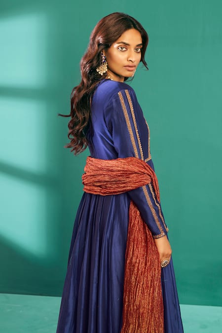 Shop Almaari By Pooja Patel Blue Chanderi, Tissue Sequins Round Aari Embroidered Bodice Anarkali Pant Set at Aza Fashions Shop_Almaari By Pooja Patel_Blue Chanderi, Tissue Sequins Round Aari Embroidered Bodice Anarkali Pant Set _at_Aza_Fashions
