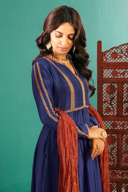 Almaari By Pooja Patel Blue Chanderi, Tissue Sequins Round Aari Embroidered Bodice Anarkali Pant Set Online at Aza Fashions Almaari By Pooja Patel_Blue Chanderi, Tissue Sequins Round Aari Embroidered Bodice Anarkali Pant Set _Online_at_Aza_Fashions