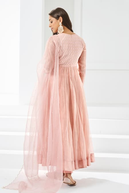 Shop_Almaari By Pooja Patel_Peach Chanderi Pearls, Embroidery Round Neck And Aari Anarkali Pant Set _at_Aza_Fashions