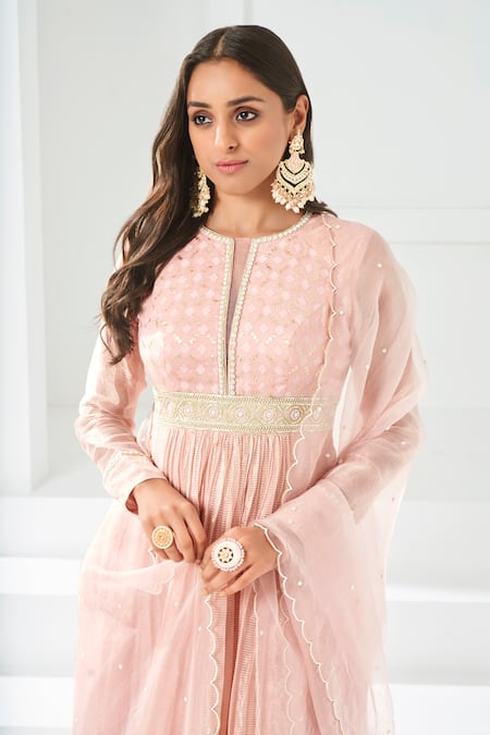 Almaari By Pooja Patel_Peach Chanderi Pearls, Embroidery Round Neck And Aari Anarkali Pant Set _Online_at_Aza_Fashions