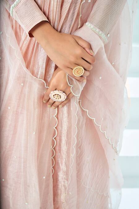 Buy_Almaari By Pooja Patel_Peach Chanderi Pearls, Embroidery Round Neck And Aari Anarkali Pant Set _Online_at_Aza_Fashions