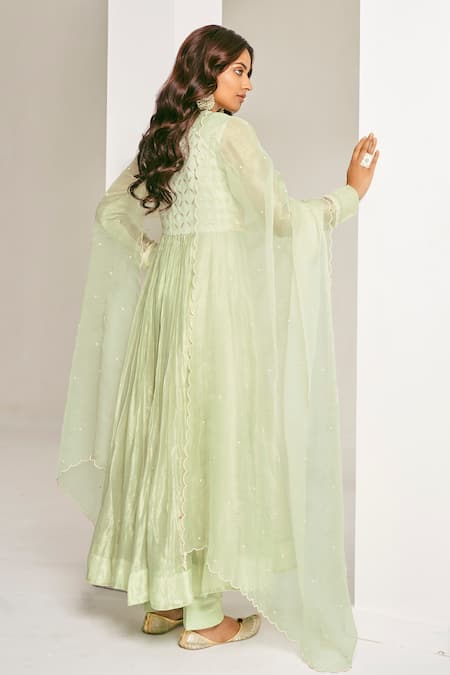 Shop Almaari By Pooja Patel Green Chanderi Pearls, Applique, Piping And Pita Embroidered Anarkali Pant Set at Aza Fashions Shop_Almaari By Pooja Patel_Green Chanderi Pearls, Applique, Piping And Pita Embroidered Anarkali Pant Set _at_Aza_Fashions