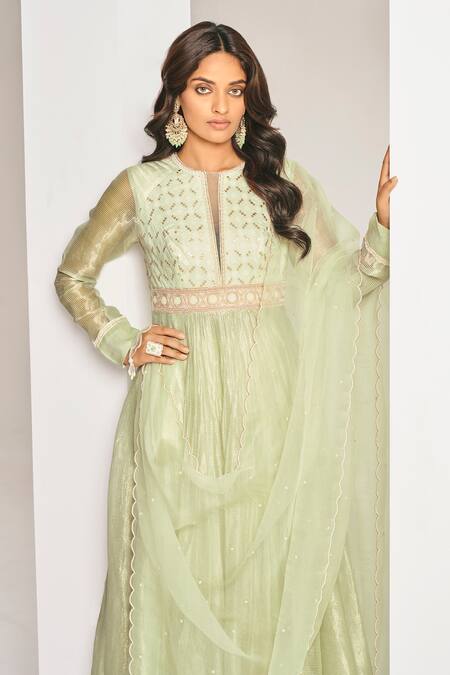 Almaari By Pooja Patel Green Chanderi Pearls, Applique, Piping And Pita Embroidered Anarkali Pant Set Online at Aza Fashions Almaari By Pooja Patel_Green Chanderi Pearls, Applique, Piping And Pita Embroidered Anarkali Pant Set _Online_at_Aza_Fashions