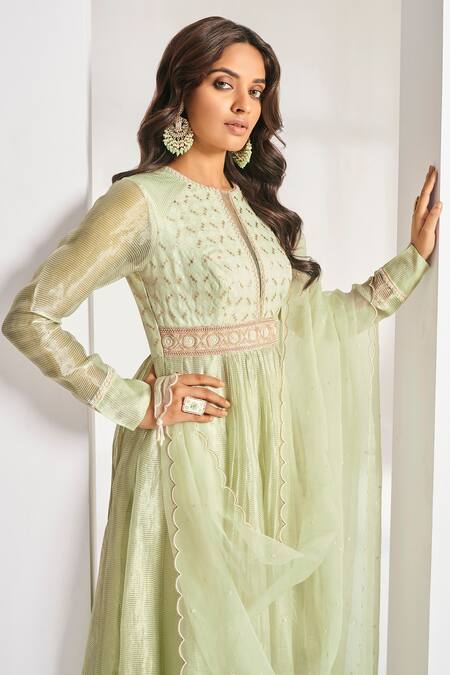 Buy Almaari By Pooja Patel Green Chanderi Pearls, Applique, Piping And Pita Embroidered Anarkali Pant Set Online at Aza Fashions Buy_Almaari By Pooja Patel_Green Chanderi Pearls, Applique, Piping And Pita Embroidered Anarkali Pant Set _Online_at_Aza_Fashions