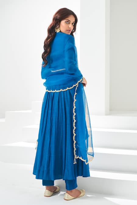 Shop Almaari By Pooja Patel Blue Chanderi Embroidery V-neck Placement Pita Anarkali Pant Set at Aza Fashions Shop_Almaari By Pooja Patel_Blue Chanderi Embroidery V-neck Placement Pita Anarkali Pant Set _at_Aza_Fashions