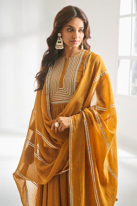 Almaari By Pooja Patel_Yellow , Cotton Embroidery Round Neck Yoke Hand Anarkali Set _Online_at_Aza_Fashions