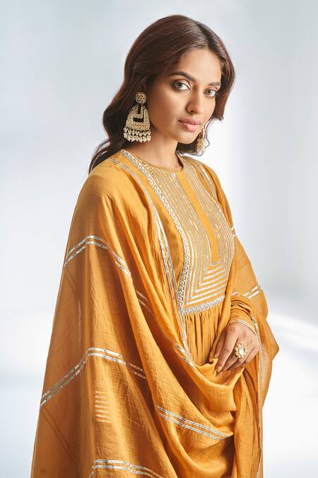Buy_Almaari By Pooja Patel_Yellow , Cotton Embroidery Round Neck Yoke Hand Anarkali Set _Online_at_Aza_Fashions