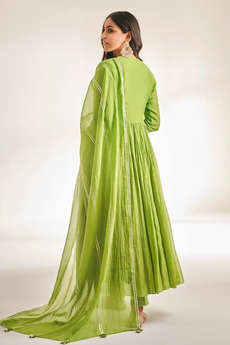 Shop_Almaari By Pooja Patel_Green Chanderi Embroidery, Gota Patti Round Neck Yoke Anarkali Pant Set _at_Aza_Fashions