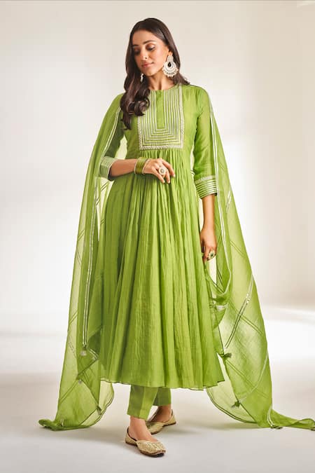Almaari By Pooja Patel_Green Chanderi Embroidery, Gota Patti Round Neck Yoke Anarkali Pant Set _Online_at_Aza_Fashions