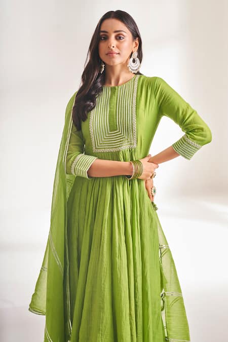 Shop_Almaari By Pooja Patel_Green Chanderi Embroidery, Gota Patti Round Neck Yoke Anarkali Pant Set _Online_at_Aza_Fashions