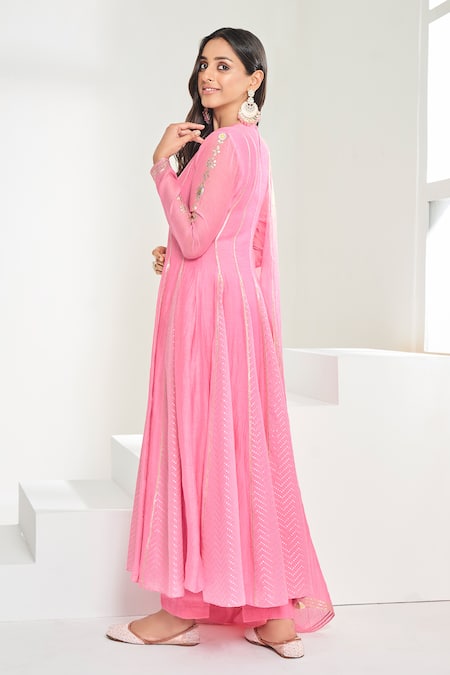 Shop Almaari By Pooja Patel Pink Chanderi Embroidery, Gota Patti Round Neck Hand Anarkali Pant Set at Aza Fashions Shop_Almaari By Pooja Patel_Pink Chanderi Embroidery, Gota Patti Round Neck Hand Anarkali Pant Set _at_Aza_Fashions