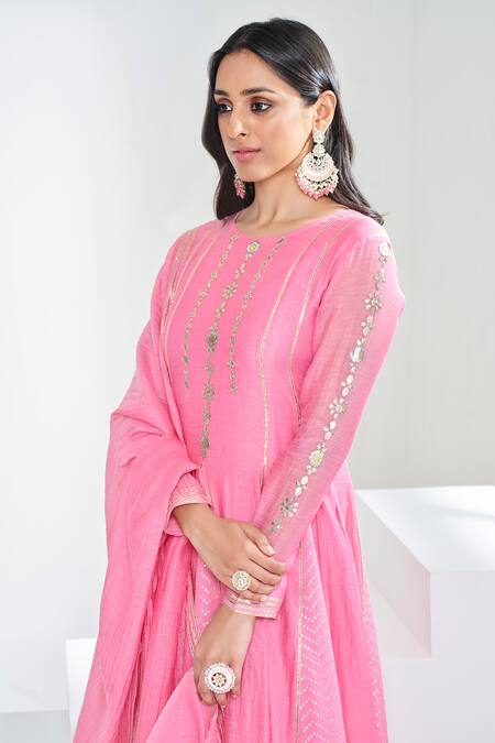 Almaari By Pooja Patel Pink Chanderi Embroidery, Gota Patti Round Neck Hand Anarkali Pant Set Online at Aza Fashions Almaari By Pooja Patel_Pink Chanderi Embroidery, Gota Patti Round Neck Hand Anarkali Pant Set _Online_at_Aza_Fashions