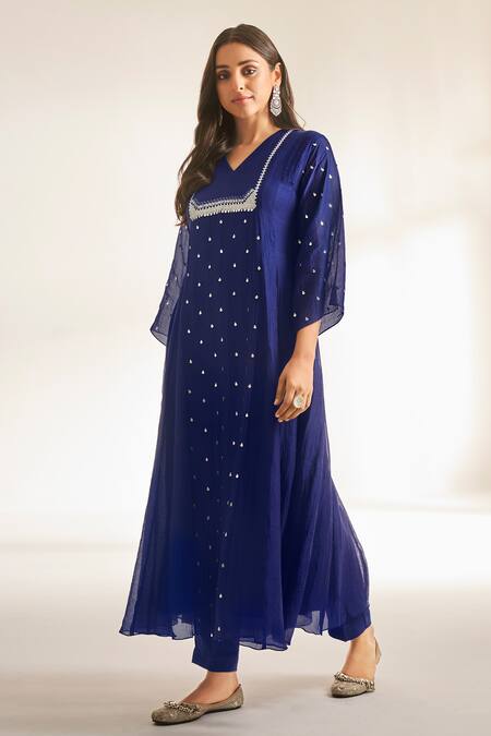 Almaari By Pooja Patel_Blue Soft Chanderi Embroidered Coins V Neck Sequins Anarkali Set_Online_at_Aza_Fashions