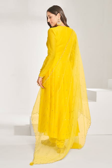 Shop Almaari By Pooja Patel Yellow Chanderi, Cotton Mirrors V-neck Embroidered Angrakha Anarkali Set at Aza Fashions Shop_Almaari By Pooja Patel_Yellow Chanderi, Cotton Mirrors V-neck Embroidered Angrakha Anarkali Set _at_Aza_Fashions