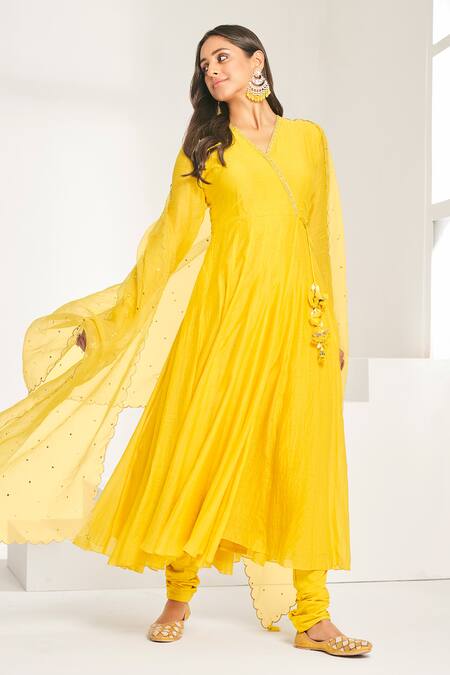Almaari By Pooja Patel Yellow Chanderi, Cotton Mirrors V-neck Embroidered Angrakha Anarkali Set Online at Aza Fashions Almaari By Pooja Patel_Yellow Chanderi, Cotton Mirrors V-neck Embroidered Angrakha Anarkali Set _Online_at_Aza_Fashions