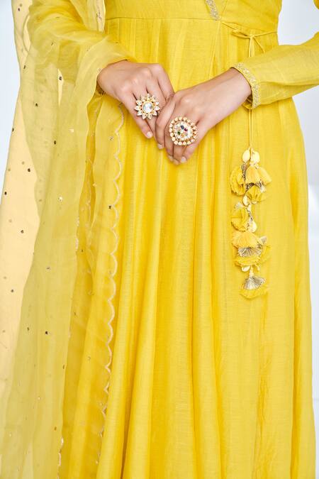 Buy Almaari By Pooja Patel Yellow Chanderi, Cotton Mirrors V-neck Embroidered Angrakha Anarkali Set Online at Aza Fashions Buy_Almaari By Pooja Patel_Yellow Chanderi, Cotton Mirrors V-neck Embroidered Angrakha Anarkali Set _Online_at_Aza_Fashions