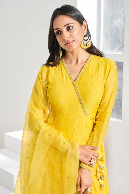 Shop Almaari By Pooja Patel Yellow Chanderi, Cotton Mirrors V-neck Embroidered Angrakha Anarkali Set Online at Aza Fashions Shop_Almaari By Pooja Patel_Yellow Chanderi, Cotton Mirrors V-neck Embroidered Angrakha Anarkali Set _Online_at_Aza_Fashions