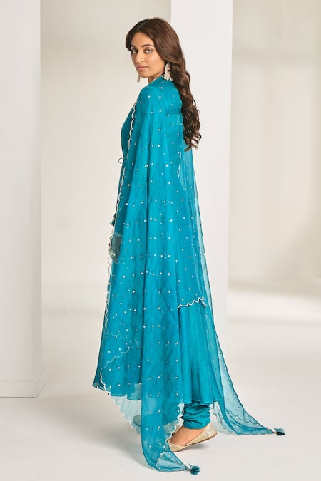 Shop Almaari By Pooja Patel Blue Chanderi, Cotton Mirrors, Embroidery V-neck Aari Angrakha Anarkali Set at Aza Fashions Shop_Almaari By Pooja Patel_Blue Chanderi, Cotton Mirrors, Embroidery V-neck Aari Angrakha Anarkali Set _at_Aza_Fashions