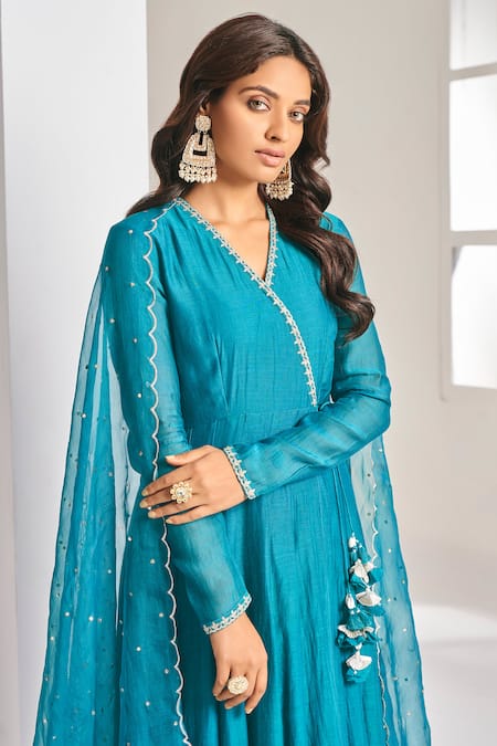 Almaari By Pooja Patel Blue Chanderi, Cotton Mirrors, Embroidery V-neck Aari Angrakha Anarkali Set Online at Aza Fashions Almaari By Pooja Patel_Blue Chanderi, Cotton Mirrors, Embroidery V-neck Aari Angrakha Anarkali Set _Online_at_Aza_Fashions