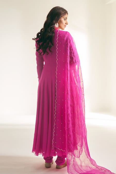 Shop Almaari By Pooja Patel Pink Chanderi, Cotton Embroidery, Tassels, Mukaish Angrakha Anarkali Set at Aza Fashions Shop_Almaari By Pooja Patel_Pink Chanderi, Cotton Embroidery, Tassels, Mukaish Angrakha Anarkali Set _at_Aza_Fashions