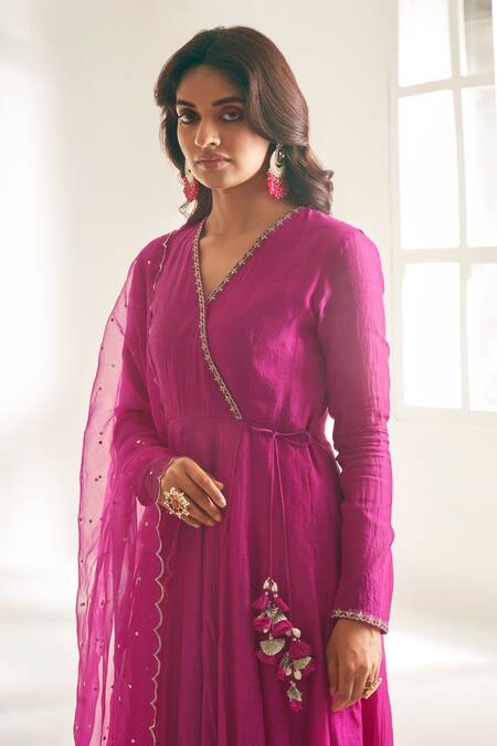 Almaari By Pooja Patel Pink Chanderi, Cotton Embroidery, Tassels, Mukaish Angrakha Anarkali Set Online at Aza Fashions Almaari By Pooja Patel_Pink Chanderi, Cotton Embroidery, Tassels, Mukaish Angrakha Anarkali Set _Online_at_Aza_Fashions