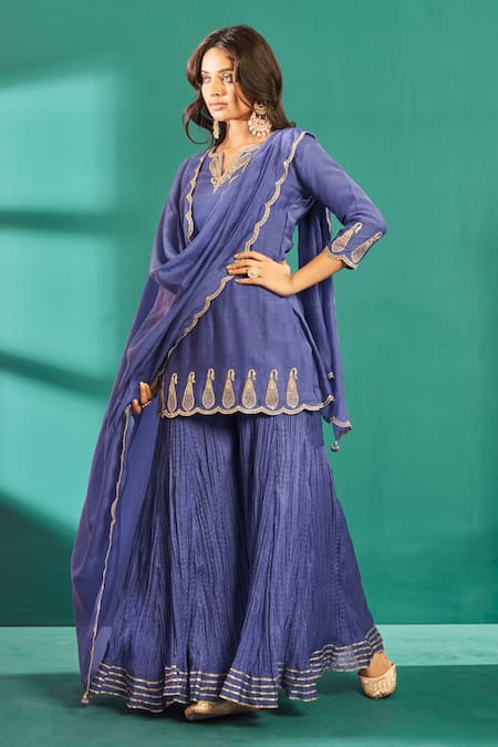 Almaari by Pooja Patel Blue Kurta Soft Chanderi Embroidered Aari Notched Short Sharara Set 