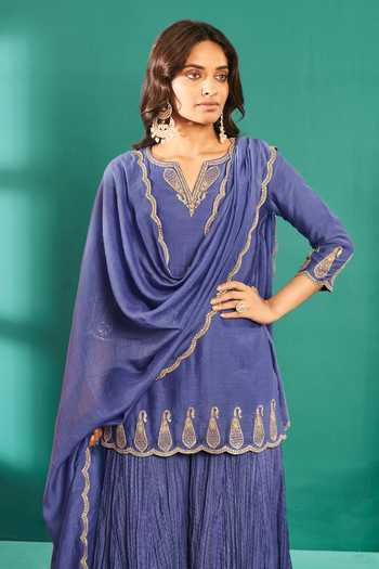 Almaari By Pooja Patel Blue Chanderi Sequins, Embroidery, Applique Split Aari Short Kurta Sharara Set Online at Aza Fashions Almaari By Pooja Patel_Blue Chanderi Sequins, Embroidery, Applique Split Aari Short Kurta Sharara Set _Online_at_Aza_Fashions