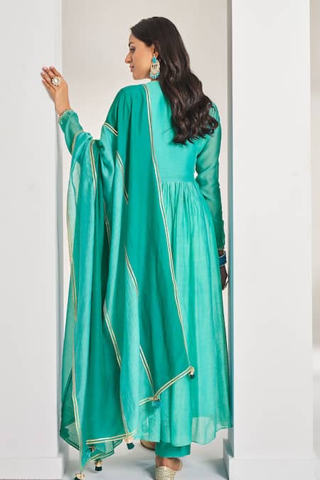 Shop Almaari By Pooja Patel Green Chanderi Embroidery, Gota Patti Round Neck Pita Anarkali Pant Set at Aza Fashions Shop_Almaari By Pooja Patel_Green Chanderi Embroidery, Gota Patti Round Neck Pita Anarkali Pant Set _at_Aza_Fashions