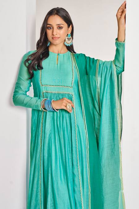 Buy Almaari By Pooja Patel Green Chanderi Embroidery, Gota Patti Round Neck Pita Anarkali Pant Set Online at Aza Fashions Buy_Almaari By Pooja Patel_Green Chanderi Embroidery, Gota Patti Round Neck Pita Anarkali Pant Set _Online_at_Aza_Fashions